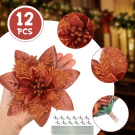 Glitter Christmas Poinsettia Artificial Xmas Flower Ornaments Flowers Decorations with Clips and Stems Glitter Poinsettia Christmas Tree Ornaments for Christmas Wedding (Brown,36 Pieces)