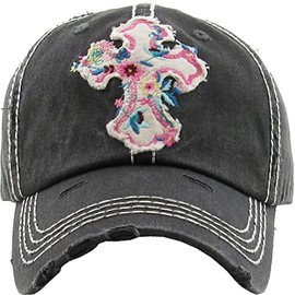 Christian Floral Cross Women's Vintage Baseball Hat, Black