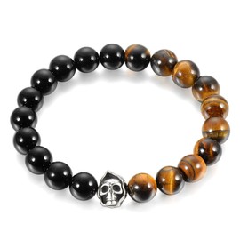 BIYONGDE 10MM Black Onyx Tiger Eye Bead Chain Bangle Bracelet with Stainless Steel Vintage Witch Skull Charm, Stretchable