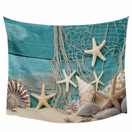 Wall Tapestry for Bedroom, Vintage Blue Beach Fishing Net Shell Art Tapestry Aesthetic Wall Hanging, Polyester Ceiling Backdrop Decor Wall Mural Tapestries for Living Room Dorm Home Decor 59x59in
