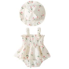 Mubineo Baby Girl Clothes Summer Dress Cotton Linen Romper Sleeveless Smocked Rompers Sun Dress Hat Skirt Boho Outfits (Cream White, 3-6 Months)