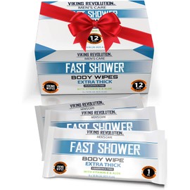 Viking Revolution Body Wipes for Men - Gym Wipes, Shower Wipes - Disposable and Eco-Friendly - Unscented Wet Wipes with Vitamin E and Aloe - 12 Individually Wrapped Wipes