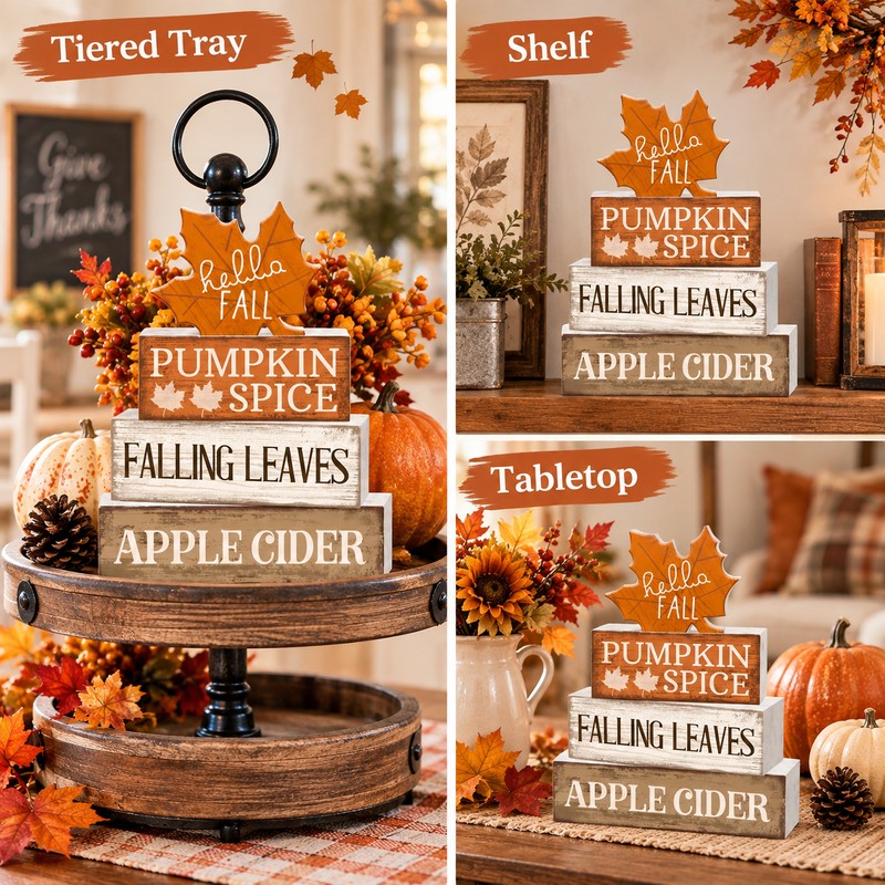 Wooden Fall Tabletop Decor for Seasonal Decorating – 4-Piece Maple