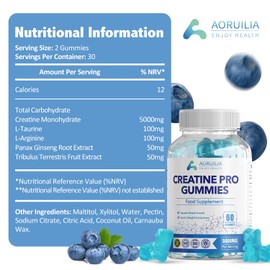 Aoruilia Creatine Gummies for Men & Women 5000mg 60 Chewable Creatine Monohydrate Gummies for Muscle Strength & Growth Sugar Free Pre-Workout Supplementm Vegans Gym (Blueberry Flavour)
