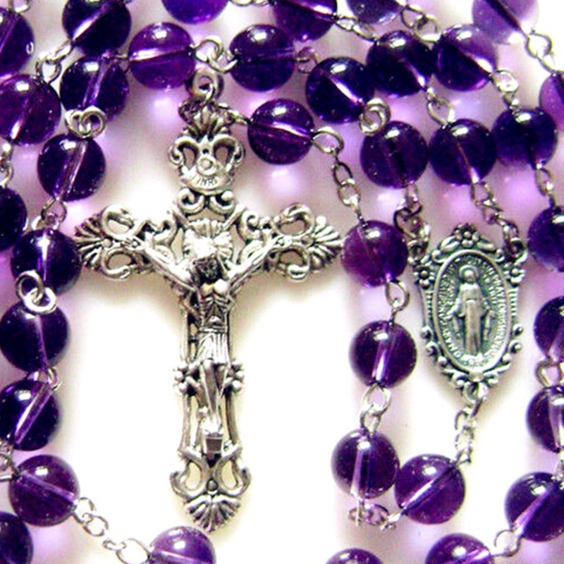 elegantmedical 8MM Amethyst Beads Rosary Cross Crucifix Catholic Necklace