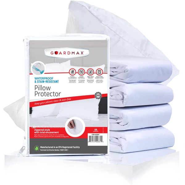 Guardmax Waterproof Pillow Protector Standard Size - Zippered Bed Bug Pillow Protector 4 Pack - Hypoallergenic Pillow Case Cover Protects from Bedbug, Dust Mite, and Liquid Spills - (20 X 26)