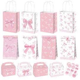 FCKLVMC 36 Pcs Pink Party Favor Bags and 18 Stickers, 3 Size Bow Gift Candy Bags for Wedding Favors Engagement Parties Birthday