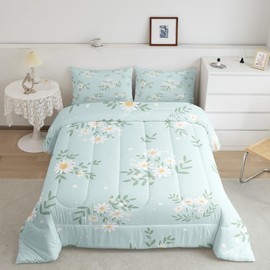 Manfei White Daisy Comforter Set Full Size, Green Leaves Quilt Set with 2 Pillowcases, Botanical Garden Artwork Bedding Set 3pcs for Kids Boys Girls Bedroom Decor Lightweight Duvet Insert