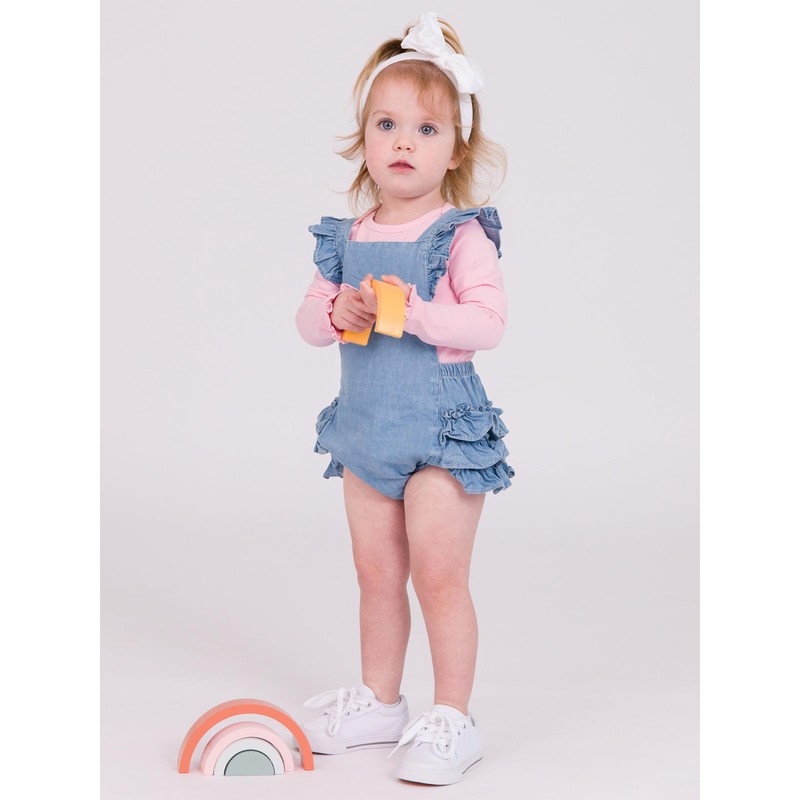 RuffleButts Light Wash Flutter Overall Romper - 6-12m