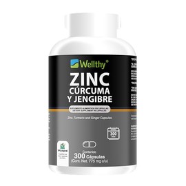 Wellthy Zinc, Cúrcuma y Jengibre 300 Cápsulas. L-Optizinc Fórmula Patentada de Alta Aborción por el Laboratorio Suizo Lonza. Solo 1 Cápsula al día, VC