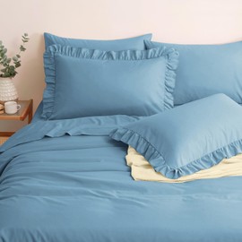 Horbaunal Blue Ruffle Sheets King Size 6 Piece, Fits 16" Deep Mattress, Microfiber Blue King Sheets with 2 Ruffled Pillowcases, Shabby Chic Bed Sheet Set