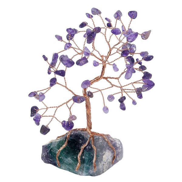 Nupuyai Handmade Natural Amethyst Crystal Money Tree for Good Luck Wealth, Irregular Fluorite Base Bonsai Stone Tree Decor for Desktop Home Office