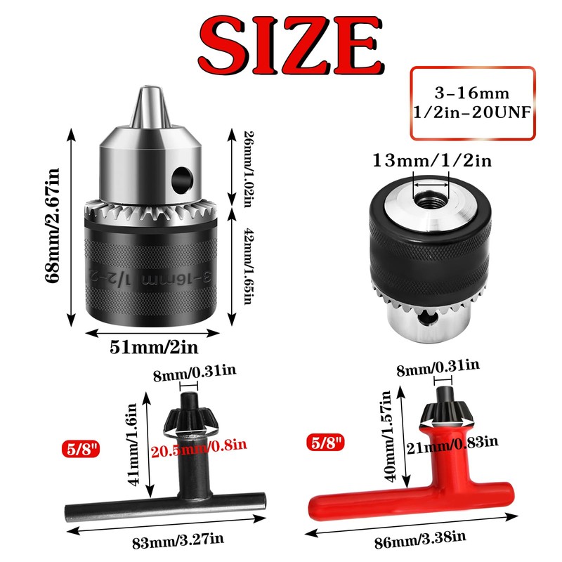 3-16mm Drill Chuck Adapter 1/2-20UNF, Hakkin Capacity Drill Chuck with