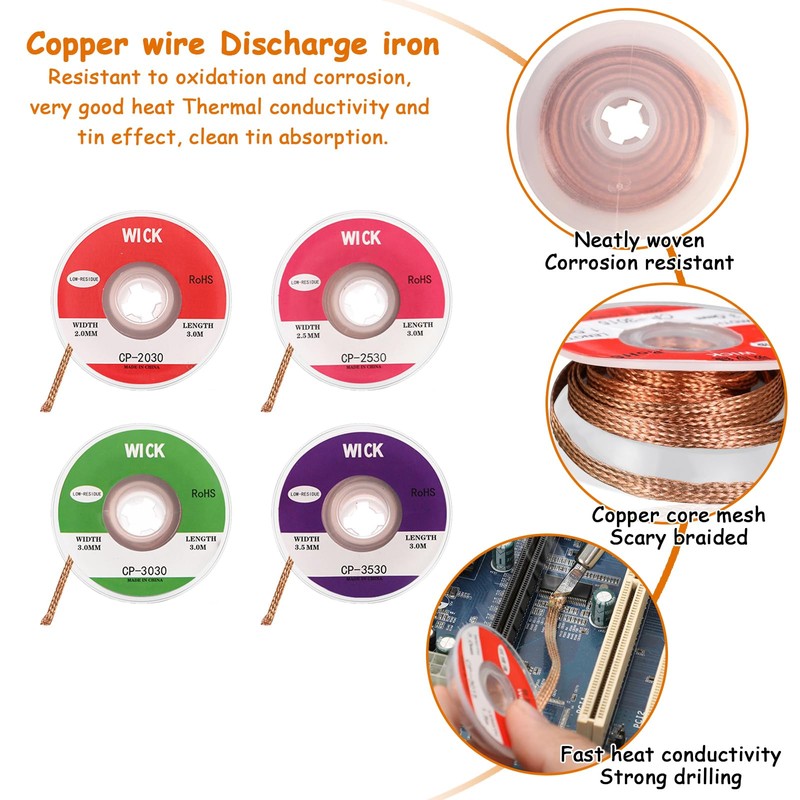 Soldering Wire, 4-Piece Desoldering Braid Set, Copper Desoldering Wire, No-Clean