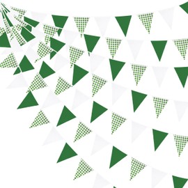32Ft Green Party Decorations Buffalo Plaid White Green Checkered Fabric Triangle Pennant Banner Flag Gingham Bunting Garland for Birthday Wedding Spring Outdoor Golf Dinosaur Arbor Day Party Decor