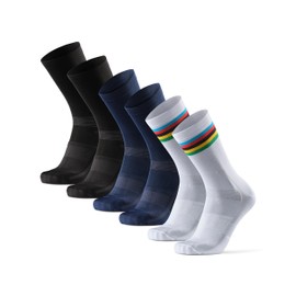 DANISH ENDURANCE Calcetines de Ciclismo Altos para Hombres y Mujeres Multicolor (1x Azul, 1x Blanco/Rayas, 1x Negro) M 3-pack