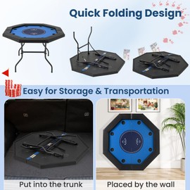 Giantex 48" Poker Table Foldable - 8 Player Octagon Texas Holdem Poker Tables w/ 8 Cup Holders, Casino-Grade Felt Surface, Padded Rails, Portable Folding Card Game Table for Blackjack (Blue+Black)