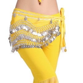 ZLTdream Women's Belly Dance Wave Shape Hip Scarf With Silver Coins Yellow