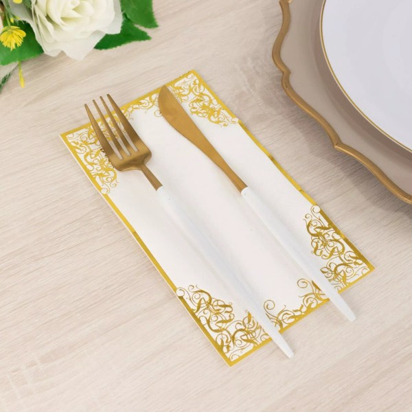 CraftsnFavors 50 WHITE Soft Dinner Paper Napkins with Gold Foil