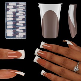 French Tip Duck Nails Press ons 240pcs, Medium Flared Shaped 12 Sizes Pre-Designed Soft Gel Full Cover Fake Nail for Women, Pre-Applied Brown Base Coat for DIY (Brown）