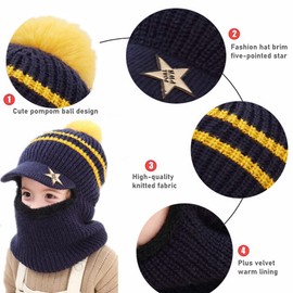 iNszkoos Kids Winter Hat with Ear Flaps and Scarf Baby Boys Girls Toddler Scarf Hat Thick Warm Cute Knitted Hat Pom Beanie Hat Winter Hat Scarf with Fleece Lining for 2-6 Years, navy