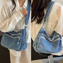 Twievo Large Denim Purses for Women Denim Shoulder Bag Crossbody Casual Retro Lightweight Tote Handbags Canvas Purse, light blue