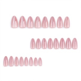 Glitter Press on Nails Almond Fake Nails Pink False Nails Press ons with Designs Medium Glossy Full Cover Acrylic Glue on Nails Cute Artificial Stick on Nails for Cat Eye Women Manicure 24Pcs