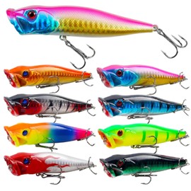 Topwater Popper Fishing Lures Kit Floating Lure Popper Sea Fishing Lures, 8pcs Topwater Bass Fishing Lures Crankbaits Minnow Popper Swimbaits Lures Set for Saltwater Freshwater Trout Catifish Perch
