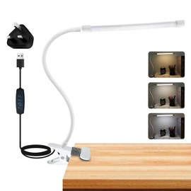 Akynite 8W Clip On Desk Light, UK Adapter Included, Flexible Gooseneck USB Lamp Bed Light, 3 Colours & 10 Brightness, Dimmable Bedside Reading Light, Desk Light Clip on for PC Office Bedroom, White