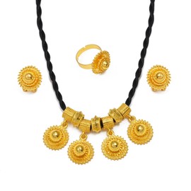 Ethiopian Traditional Jewelry | Eritrean Jewelry for Women Set | Ethiopian African Jewelry Wedding Sets Includes Cross Pendant Black Rope Earrings Ring Sets African Eritrean Religion (Black Rope 2)