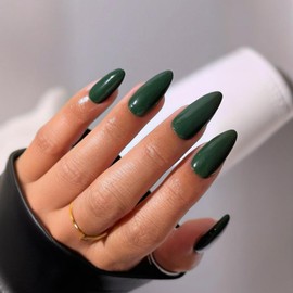 YOSOMK Deep Green Acrylic Press on Nails Almond Medium Fake Nails Press Ons Full Cover Glue on False Nail Bright Surface Designs Artificial Stick on Nail for Women