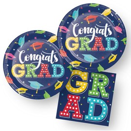 Creative Converting Graduation Party Paper Plates and Napkins Set, Navy Blue, 16 Count 9-inch Plates and 6.5-inch Napkins, Colorful GRAD Design