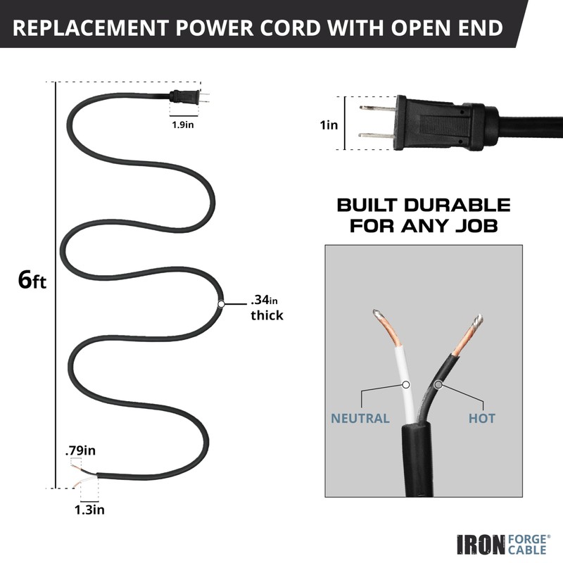 Iron Forge Cable 14 AWG Replacement Power Cord with Open