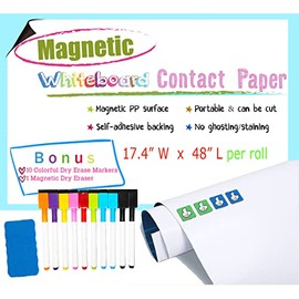 Anndoo Magnetic whiteboard Contact Paper 17.4x47.2 Inch Magnetic Board Perfect for Playroom Decor, Refrigerator, Classroom, Kindergarden (White, 17.4X47.2),17.4X48 Inch