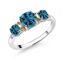 Gem Stone King 925 Sterling Silver and 10K Yellow Gold Cushion London Blue Topaz and White Diamond 3-Stone Ring (1.90 Cttw, Gemstone Birthstone, Available In Size 5, 6, 7, 8, 9)