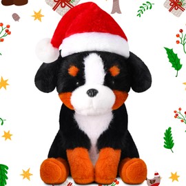 Soulchen Christmas Bernese Mountain Dog Stuffed Animal Plush Wearing Santa Hat Christmas Tree Decorations Adorable Soft Dog Toy Black Birthday Gift Cute Pet Party Favors