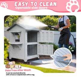 CSQOO Plastic 2 Story Outdoor Cat House with Escape Door, Waterproof Cat House for Feral Cats for Outdoor Indoor Use, Sturdy Cat Houses for Outdoor Cats, Clean & Assemble Easily(Grey)