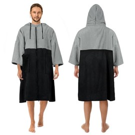 Zingtto Surf Poncho Changing Towel, 3/4 Sleeve Zippered Extra Large Thick Hoodie Towel Poncho for Men Women Beach Swimming Changing Robe, Large, Black Gray