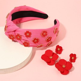 Floral Headband for Women Summer Headband Daisy Flower Knotted Headband Embellished Jeweled Rhinestone Headband Spring Summer Outfits Accessories Party Gifts (Pink 1)