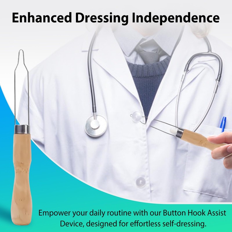3-Pack Button Hook Assist Device with Easy-Grip Wooden Handle for