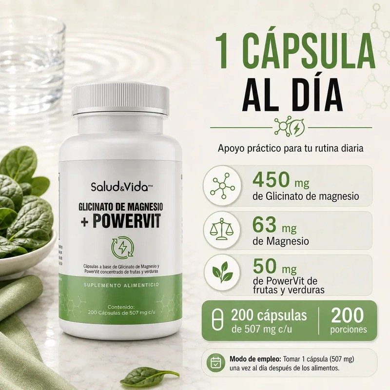 Glicinato de Magnesio 200 Cápsulas Con Concentrado de Frutas y