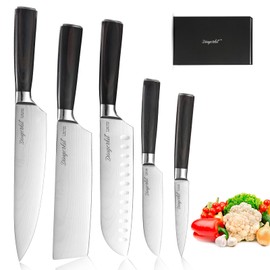 Dingerkit Kitchen Knife Set, Chef Knife Set with Chef Santoku Cleaver Nakiri Fruit 5pcs Knife - Damascus Stainless Steel with pakkawood Handle for Kitchen Cutting Knife Set.