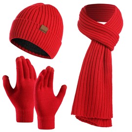 Kunyeah Hat Scarf Gloves Set Warm Knitted Hat Long Scarf Touchscreen Glove Winter Accessories for Men Women, red