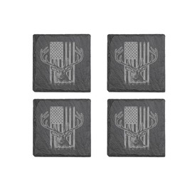 Rogue River Tactical Slate Coaster 4 Pack Hunting Gift Set Patriotic USA Flag Buck Drink Coaster Set Gift Bar Kitchen Home Stone Coasters Hunter Hunt Deer