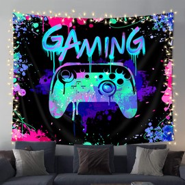 Imirell Gaming Tapestry 78Wx59H Inches Game Gamer Controller Teal for Teen Boys Man Hippe Modern Colorful Graffiti Unique Video Art Hanging Bedroom Living Room Dorm Wall Blankets Home Decor Fabric