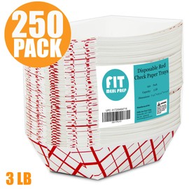 [250 Pack] 3 lb Heavy Duty Disposable Red Check Paper Food Trays Grease Resistant Fast Food Paperboard Boat Basket for Parties Fairs Picnics Carnivals, Holds Tacos Nachos Fries Hot Corn Dogs