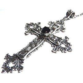 Large Gothic Cross Necklace silver-tone pendant with black glass stone, on 24" steel chain