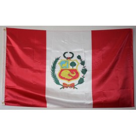 FLAG OF PERU WITH SHIELD. PREMIUM SATIN QUALITY. LARGE SIZE 150X90 CM.