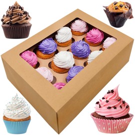 BAKELUV Brown 12 Cupcake Boxes, Cupcake Containers | 13x9.5x4, 12 Pack | 12 Cupcake Box Bulk, Cupcake Boxes 12 Count Carrier, Option to 14x10x4 Bakery Boxes with Window, ¼ Sheet Cake Box 13x9 Inches