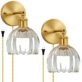femusytt Plug in Wall Sconces Set of 2, Vintage Wall Lamp with Plug in Cord Clear Tulip Shade Decor Indoor, Gold Wall Light for Bedroom Bedside Kids Living Room Bathroom